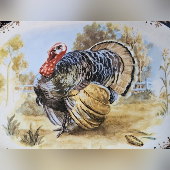 Vintage Christmas Turkey Platter Thanksgiving w/Cobalt/Gold Rim 13.5" - Picture 2 of 4